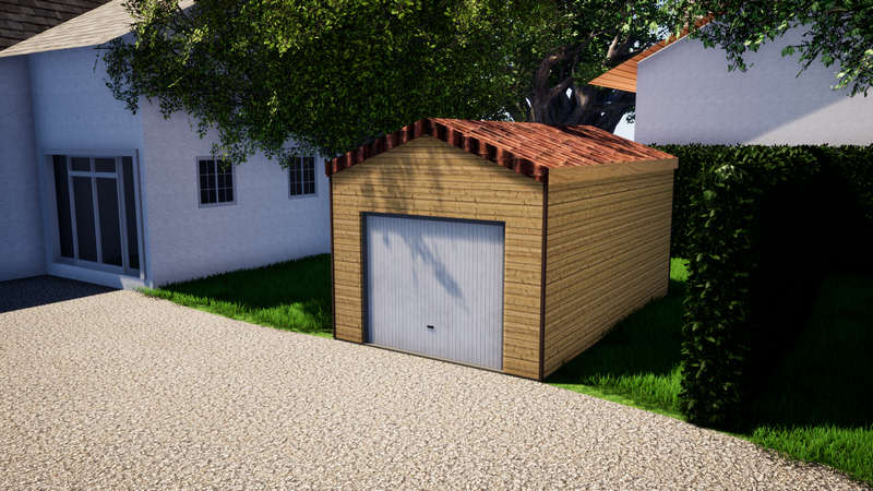 Garage ossature bois 21m² porte basculante toit double pente tuiles